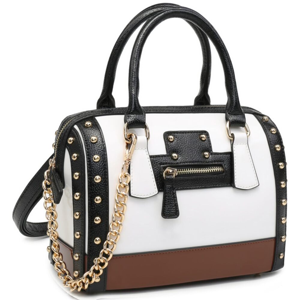 9061 Barrel Bag Shiny Patent Faux Leather Handbag with Rivet Decoration Top